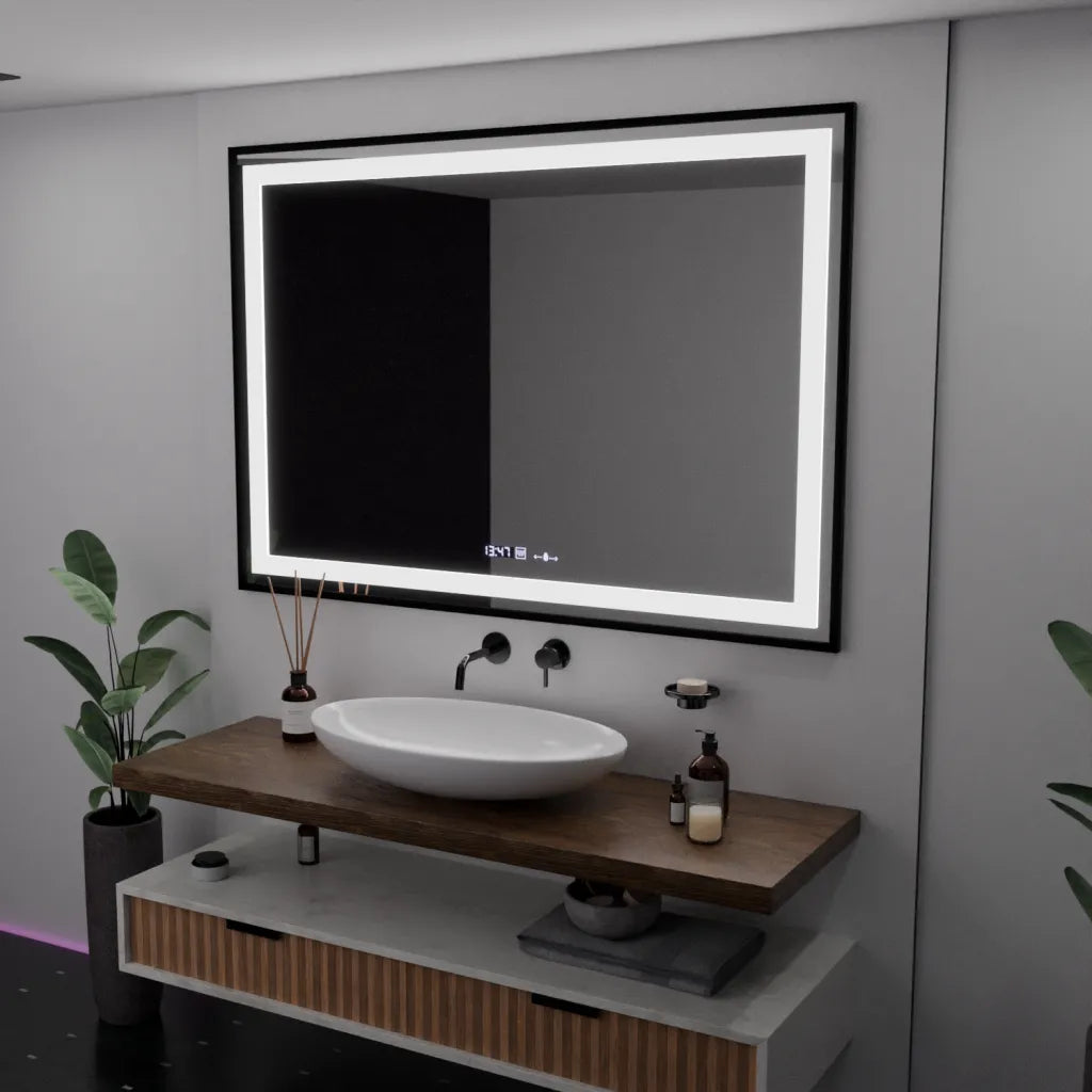 Oglinda LED Milano Rectangulara, 100x70cm, Verite Majeste Noir Motion Glow Marcello, Sistem Dezaburire, Ceas & Termometru, Dimabila