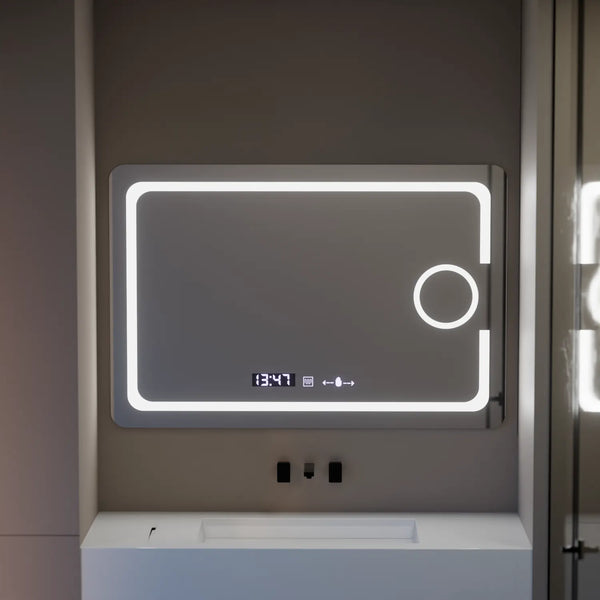 Oglinda LED Madrid Rectangulara, 110x75cm, Eclat MotionGlow Marcello, Sistem Dezaburire, Ceas & Termometru, Lupa Cosmetica, Dimabila