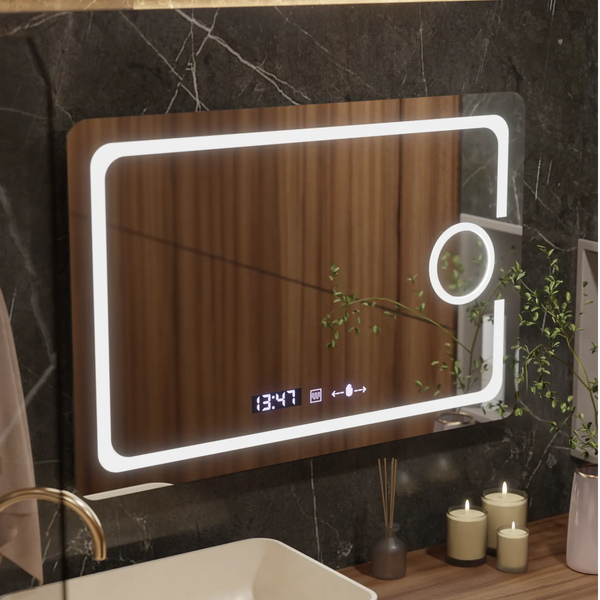 Oglinda LED Viena Rectangulara, 120x80cm, Eclat MotionGlow Marcello, Sistem Dezaburire, Ceas & Termometru, Lupa Cosmetica, Dimabila
