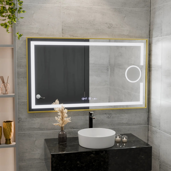 Oglinda LED Victoria Rectangulara, 120x80cm, Eclat MotionGlow Marcello, Sistem Dezaburire, Ceas & Termometru, Lupa Cosmetica, Dimabila, Rama Auriu Brushed