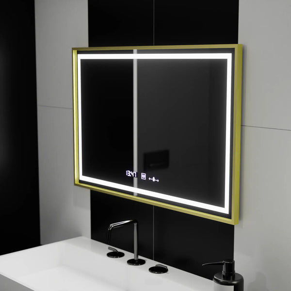 Oglinda LED Ana Rectangulara, 120x80cm, Verite Royale Gold MotionGlow Marcello, Sistem Dezaburire, Ceas & Termometru, Dimabila