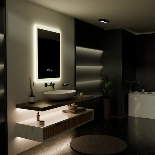 Oglinda LED Ana Rectangulara, 60x80cm, ELANCEE Senzor MotionGlow Marcello, Sistem Dezaburire, Ceas & Termometru, Dimabila