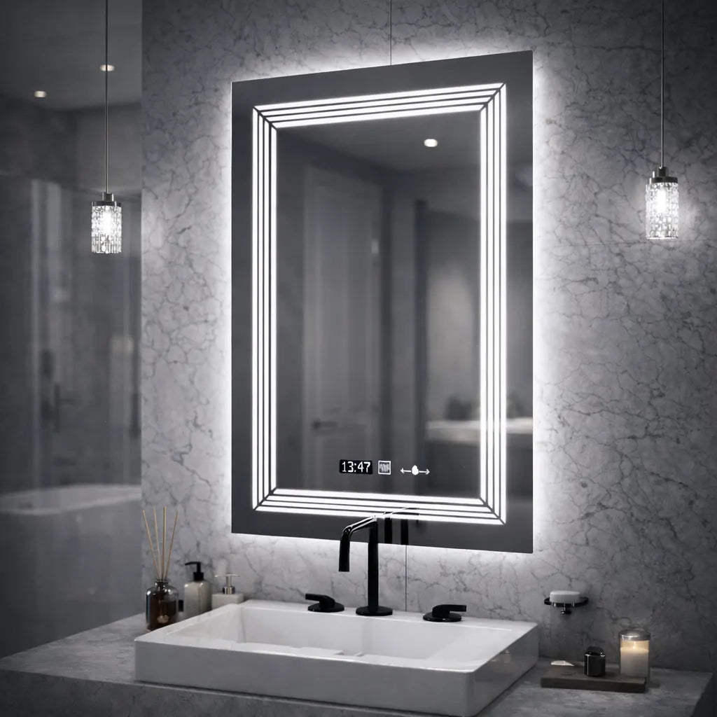 Oglinda LED Viena Rectangulara, 60x80cm, Venezia Senzor MotionGlow Marcello, Sistem Dezaburire, Ceas & Termometru, Dimabila, Lumina Calda Neutra Rece 3000K/4000K/6000K