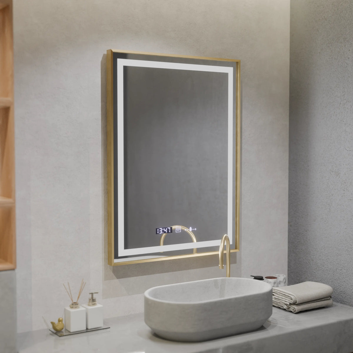 Oglinda LED Atena Rectangulara, 60x80cm, Verite Royale Gold MotionGlow Marcello, Sistem Dezaburire, Ceas & Termometru, Dimabila