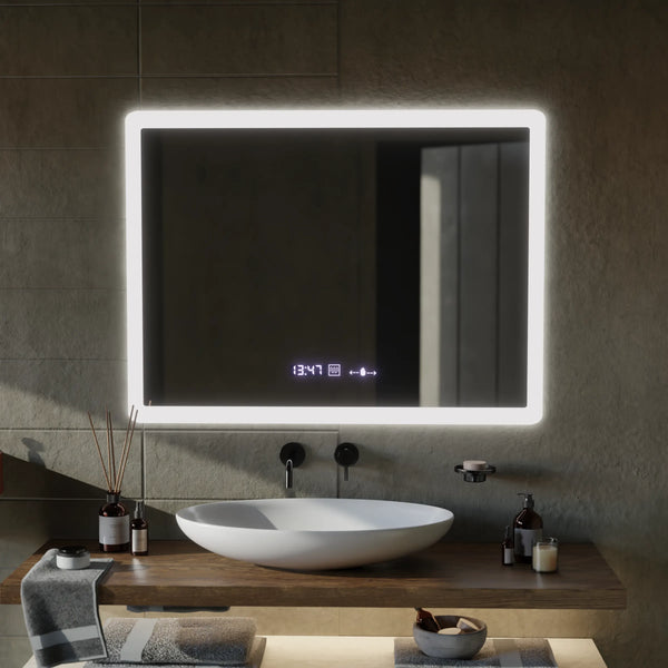Oglinda LED Praga Rectangulara, 80x60cm, ELANCEE Senzor MotionGlow Marcello, Sistem Dezaburire, Ceas & Termometru, Dimabila