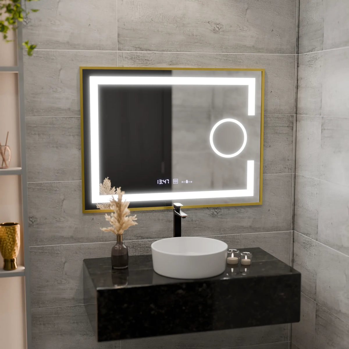Oglinda LED Irina Rectangulara, 80x60cm, Eclat MotionGlow Marcello, Sistem Dezaburire, Ceas & Termometru, Lupa Cosmetica, Dimabila, Rama Auriu Brushed