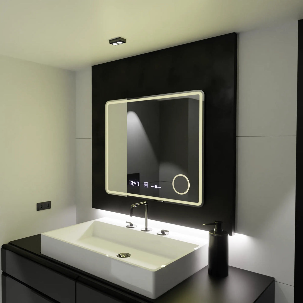 Oglinda LED Cristina Rectangulara, 80x60cm, Riflesso MotionGlow Marcello, Sistem Dezaburire, Ceas & Termometru, Lupa Cosmetica, Dimabila