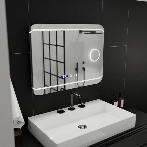 Oglinda LED Lisabona Rectangulara, 80x60cm, Stile MotionGlow Marcello, Sistem Dezaburire, Ceas & Termometru, Lupa Cosmetica, Dimabila