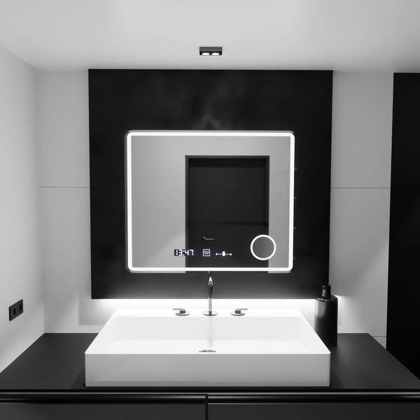 Oglinda LED Cristina Rectangulara, 90x75cm, Riflesso MotionGlow Marcello, Sistem Dezaburire, Ceas & Termometru, Lupa Cosmetica, Dimabila