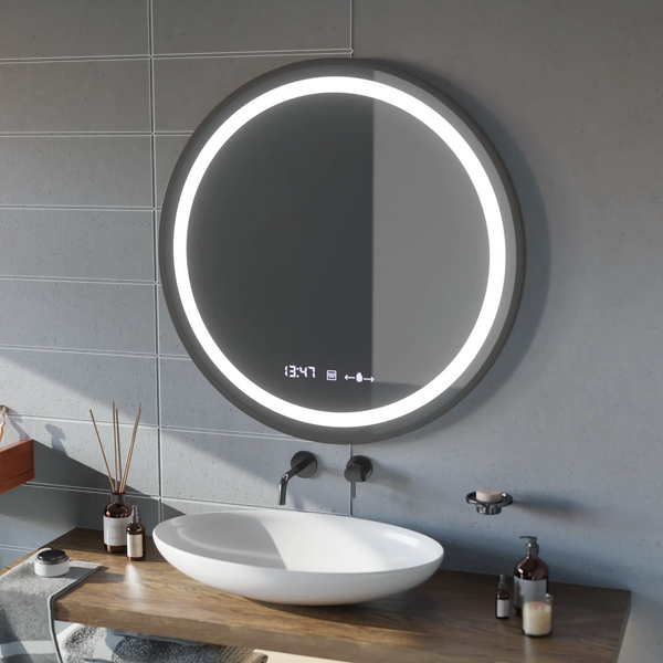 Oglinda LED Roma Rotunda, 100cm, Celeste Majesté Noir MotionGlow Marcello, Sistem Dezaburire, Ceas & Termometru, Dimabila