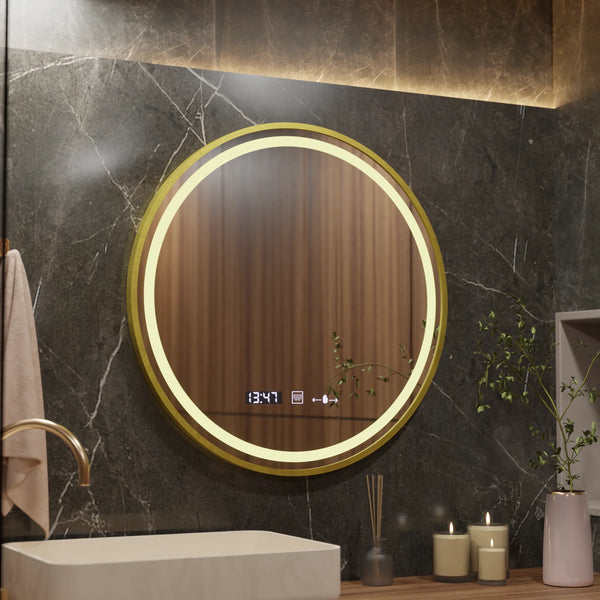 Oglinda LED Praga Rotunda, 70cm, Celeste Royale Gold MotionGlow Marcello, Sistem Dezaburire, Ceas & Termometru, Dimabila