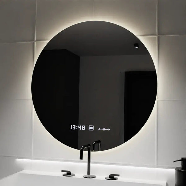 Oglinda LED Barcelona Rotunda, 70cm, Serenite MotionGlow Marcello, Sistem Dezaburire, Ceas & Termometru, Dimabila