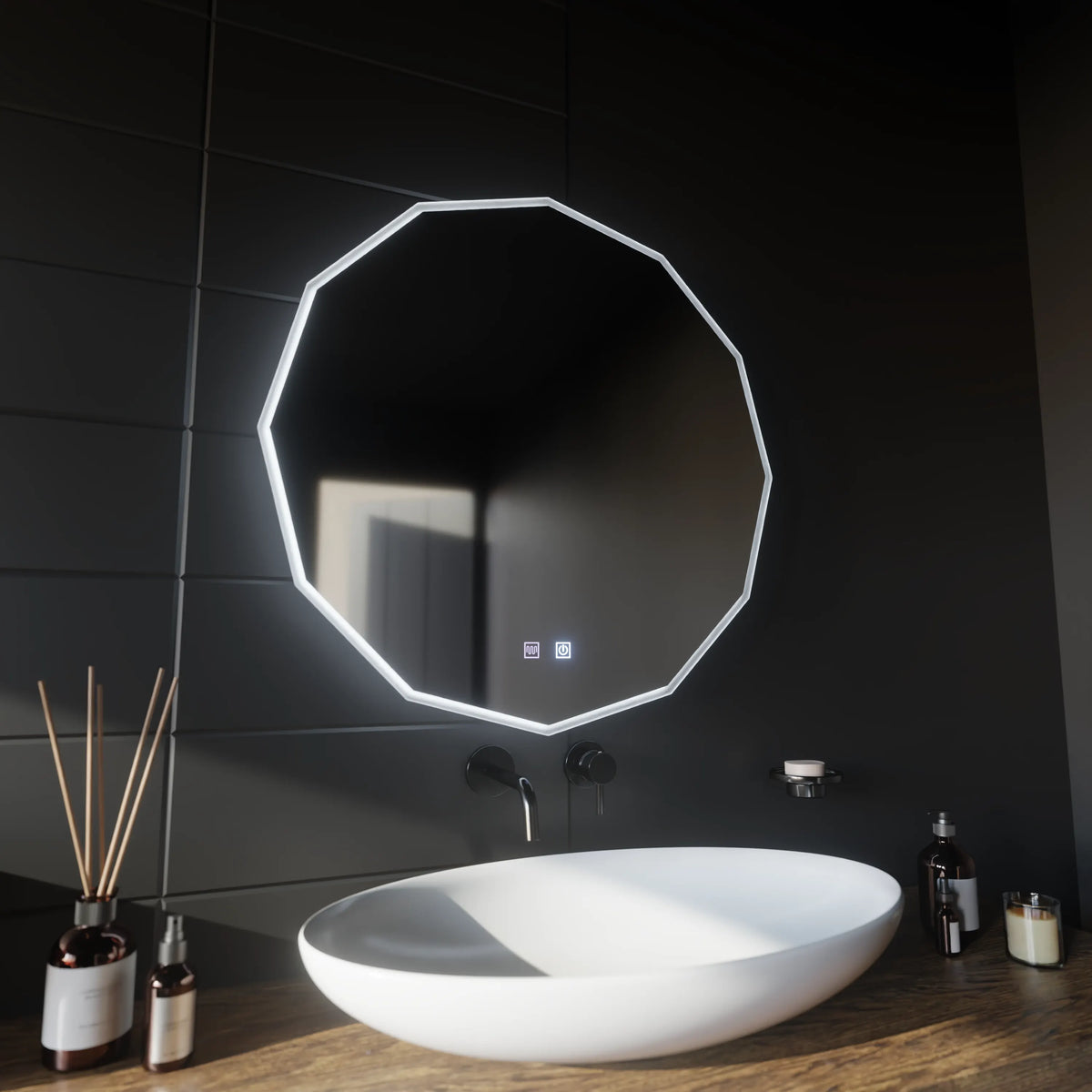 Oglinda LED Praga Rotunda, 80cm, VIVO Touch, Sistem Dezaburire, Dimabila