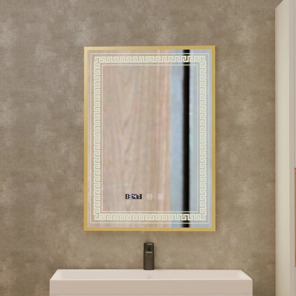 Oglinda LED Touch Lisabona Sistem Dezaburire, Ceas si Temperatura 60x80 cm Rama Auriu Brushed, S84/60X80