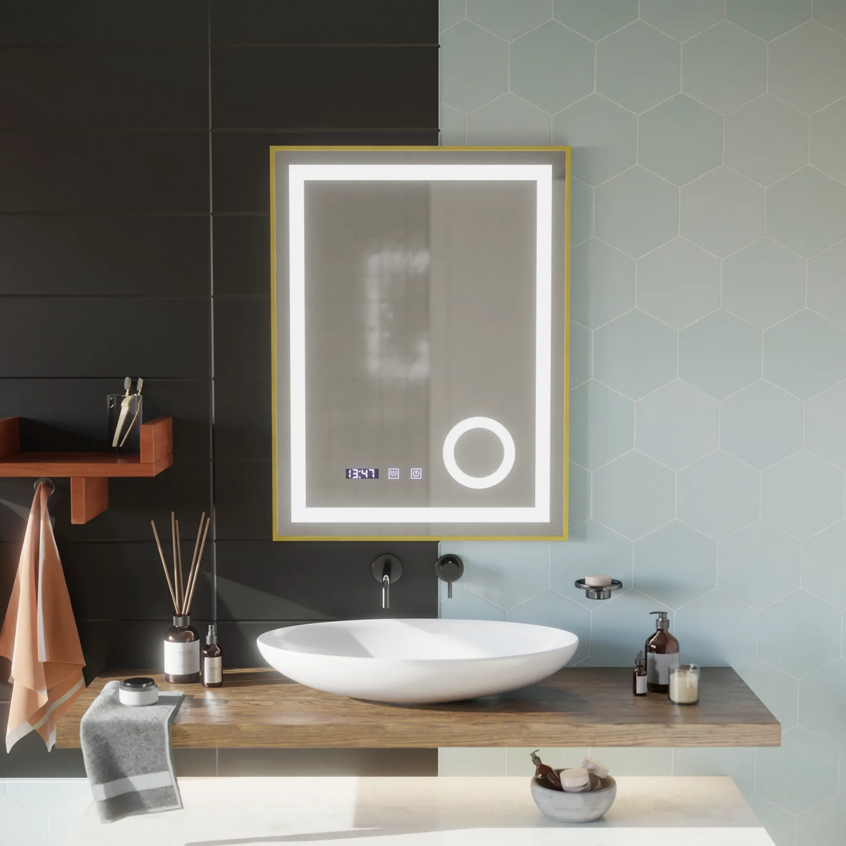 Oglinda LED Touch Venetia Sistem Dezaburire, Ceas si Temperatura 60x80 cm Rama Auriu Brushed Lupa Cosmetica