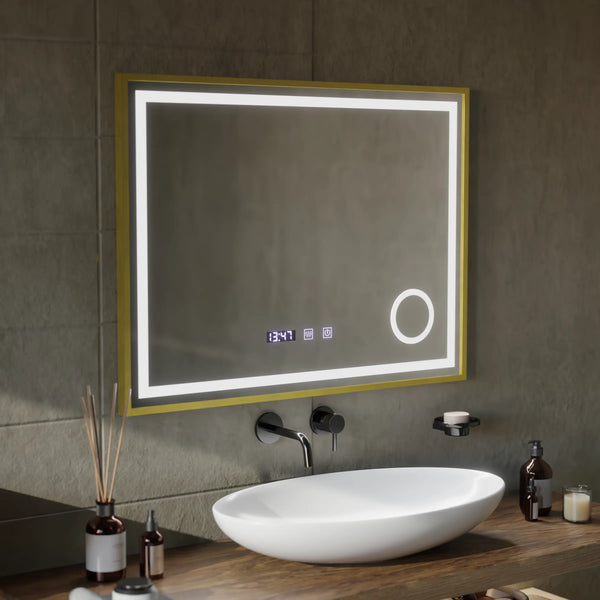 Oglinda LED Touch Paris Sistem Dezaburire, Ceas si Temperatura 80x60 cm Rama Auriu Brushed Lupa Cosmetica