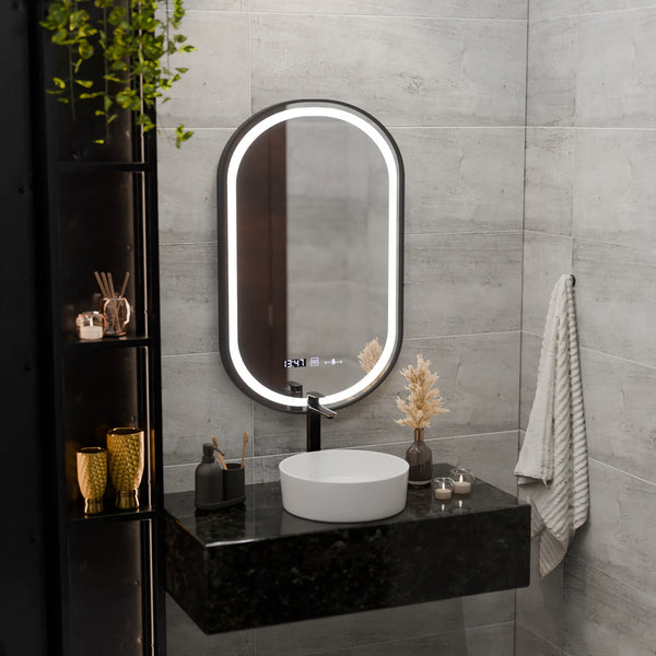 Oglinda LED Touch Torino, Sistem Dezaburire, Ceas si Temperatura 45x90 cm, Rama Negru, Brushed Marcello Funghi