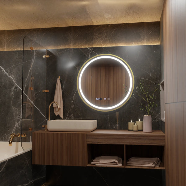 Oglinda LED Touch Sevilla Sistem Dezaburire, Ceas si Temperatura, 50 cm, rama Auriu Brushed