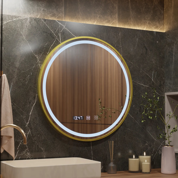 Oglinda LED Touch Praga Sistem Dezaburire, Ceas si Temperatura, 70 cm, rama Auriu Brushed