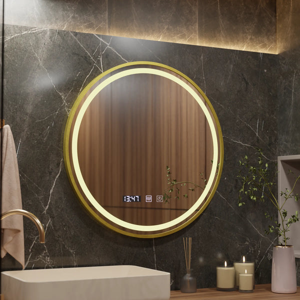 Oglinda LED Touch Maria, Sistem Dezaburire, Ceas si Temperatura, Diametru 60cm, Rama Auriu Brushed, Lumina Calda Rece Neutra 3000K/4500K/6000K, Dimabila