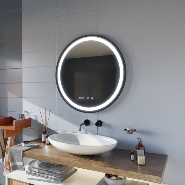 Oglinda LED Touch Torino Sistem Dezaburire, Ceas si Temperatura 60 cm Rama Negru Brushed