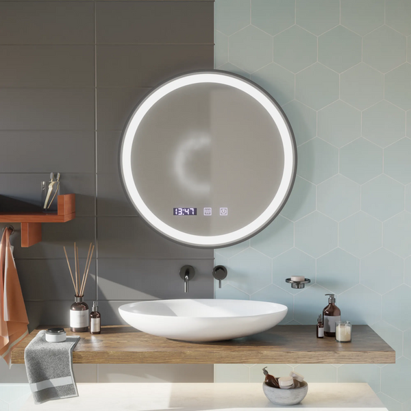 Oglinda LED Touch Valencia Sistem Dezaburire, Ceas si Temperatura 90 cm Rama Negru Brushed