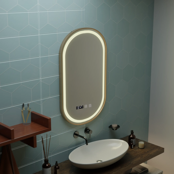 Oglinda LED Touch Cristina Sistem Dezaburire, Ceas si Temperatura, 45x90cm, Rama Auriu Brushed, Lumina Calda Neutra Rece 3000K/4000K/6000K