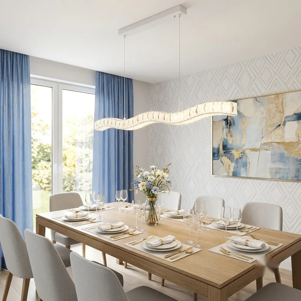 Pendul LED Maria cu cristale, 56W, 800×100×1500 mm, lumină reglabilă 3000K–6500K, telecomandă inclusă