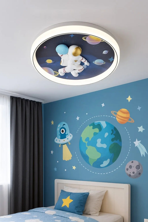 Plafonieră LED Florenta copii cu astronaut 3D și telecomandă, 96W, lumină reglabilă 3000–6500K – model 26197 BLU+BK